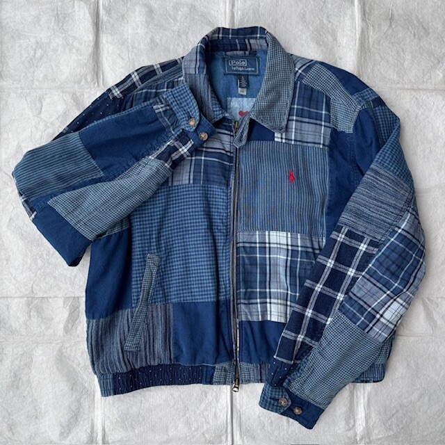 Polo Ralph Lauren ポロラルフローレン パッチワーク ボンバージャケット スイングトップ インディゴ 古着 XL 画像3