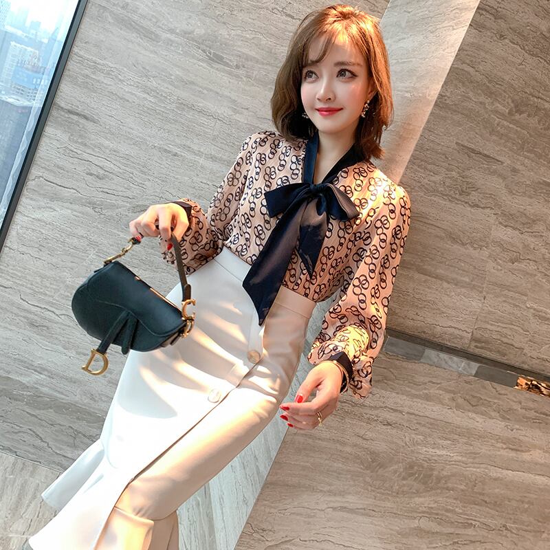 リボンVネックプリント薄手シャツ スプリングサマー ランタンスリーブ 春物 夏物 MIUCO49752538845