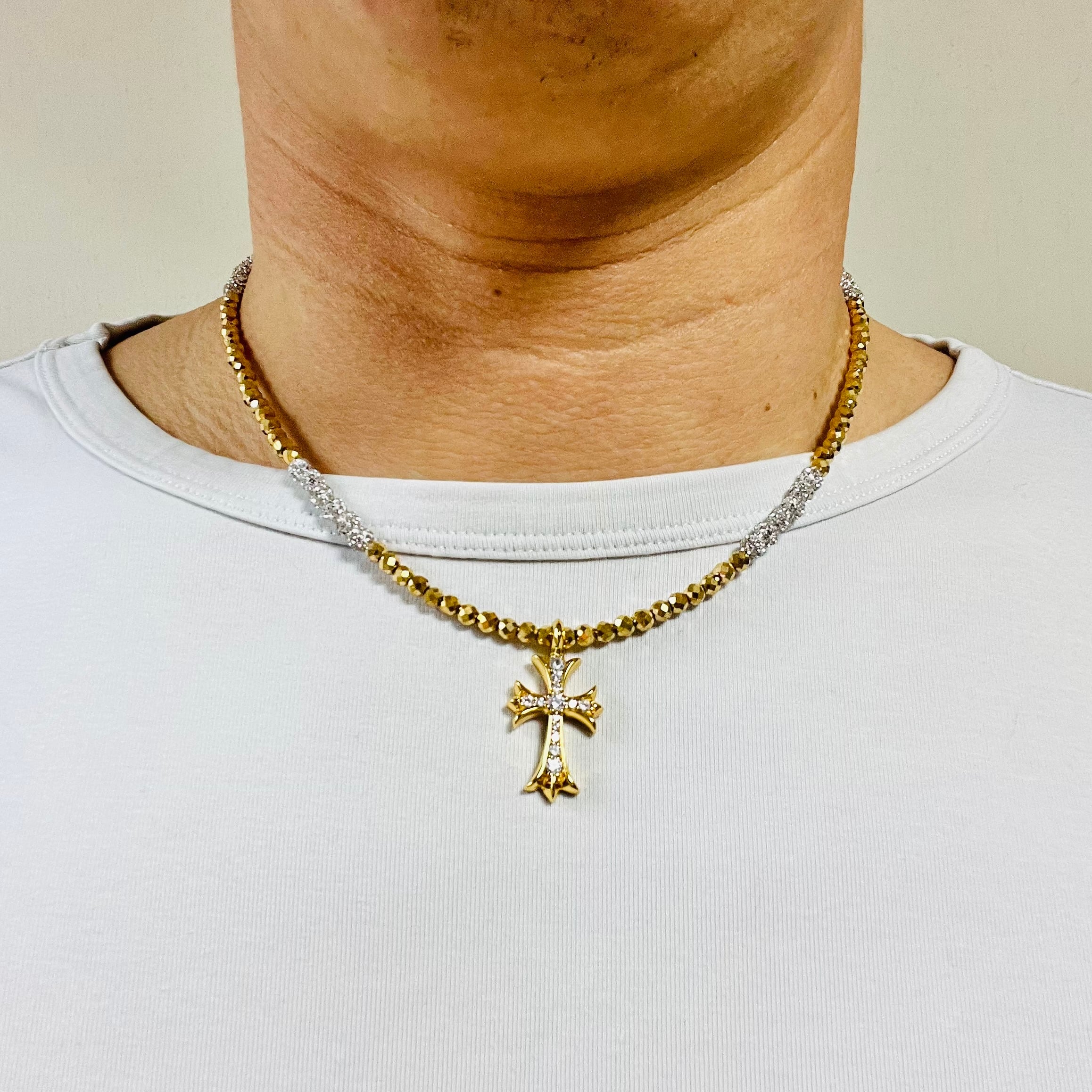 ヘマタイトゴールド＆ホワイト混合クロスネックレス | StoneJewelry