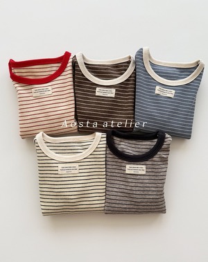 【Aosta】MomentボーダーリブTシャツ ブラウン 70~100cm