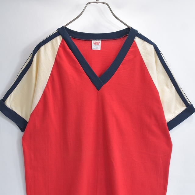 70s 80s USA製 Wright's ライツ Vネック 半袖Tシャツ 裾シングル 3本ライン トリコロール アメカジ スポーツ レッド USED ヴィンテージ ビンテージ 古着 メンズ L
