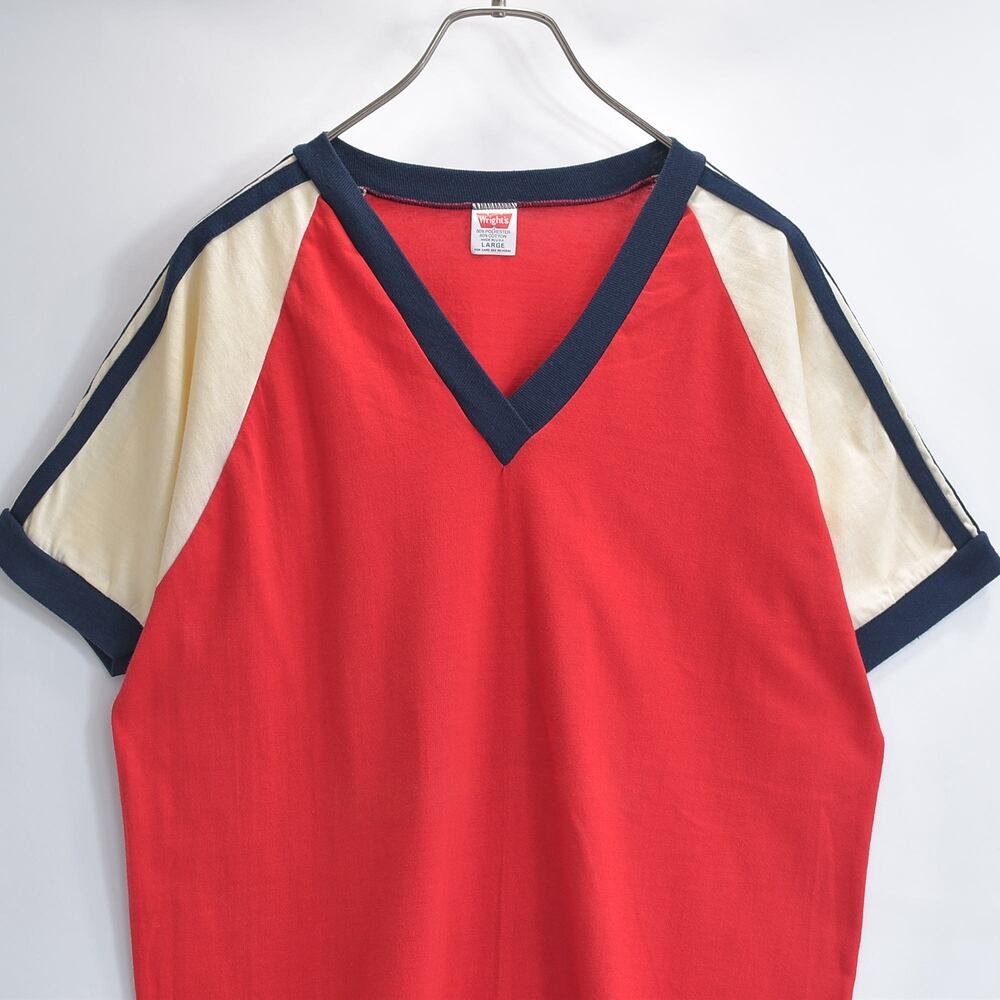 70s 80s USA製 Wright's ライツ Vネック 半袖Tシャツ 裾シングル 3本ライン トリコロール アメカジ スポーツ レッド USED ヴィンテージ ビンテージ 古着 メンズ L