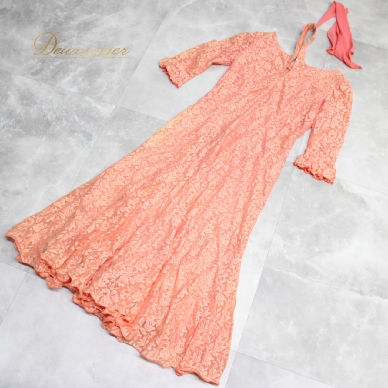 社交ダンス 衣装 スタンダード ドレス ワンピース パーティ衣装 U:NA ユーナ オレンジ系 コーラル 花柄 レース かわいい フェミニン 上品 コスチューム パーティードレス ラインストーン 伸縮性 フォーマル ドレッシー エレガント ショーダンス お洒落 オートクチュール ルームウェア ダンスウェア クラシック 風合い 上品 おすすめ