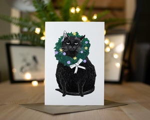 黒猫の封筒付きクリスマスカード　Holy blep【ThePrintedCat】[TPC-03]