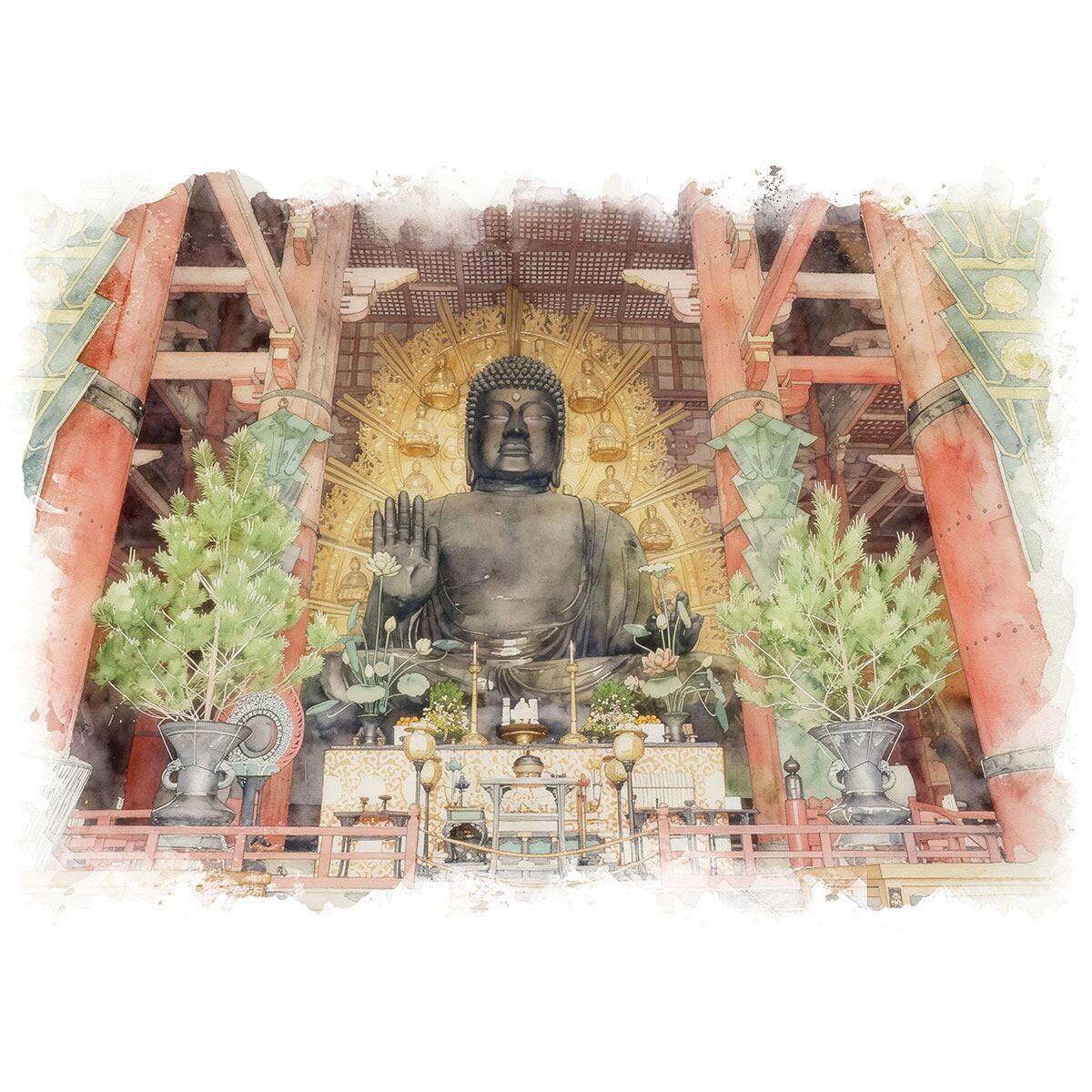 絵画 風景画(街並み) 日本 奈良県 東大寺の大仏 インテリアアート額付き 水彩画・油絵風 WAT1515