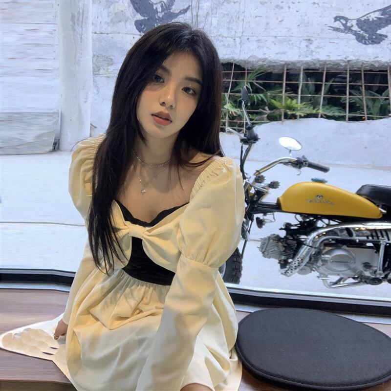 ドレス スタンダードリボン長袖スリーブショートスカート サマースタイル薄手 ロング レトロ 夏物 スクウェア ブラックストロベリース73990808475