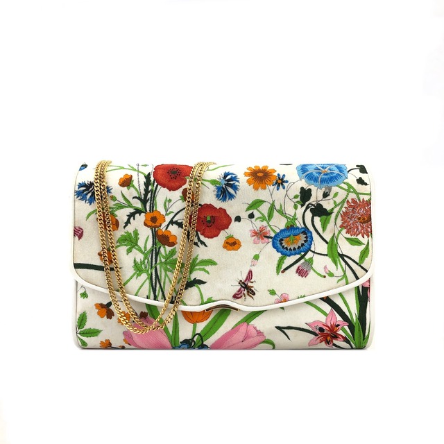 GUCCI グッチ　フローラ　ファブリック　チェーン　ポシェット　ショルダーバッグ 　オフホワイト　vintage　ヴィンテージ　オールドグッチ　r847md