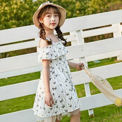 肩紐 肩出し フレア ワンピース 110 150cm 蝶柄 夏服 肌見せ 涼しい 清涼感 清楚 白ワンピ 19s S ウエスト切り替え ハイウエスト 裾 チュール 韓国 子供服 女の子 ガールズ キッズ P A Dear Child