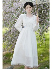 【0147】White Simple Back Ribbon Long Sleeve Dress