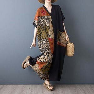 V-NECK SHORT SLEEVE CONTRAST PANEL LONG DRESS M-17626