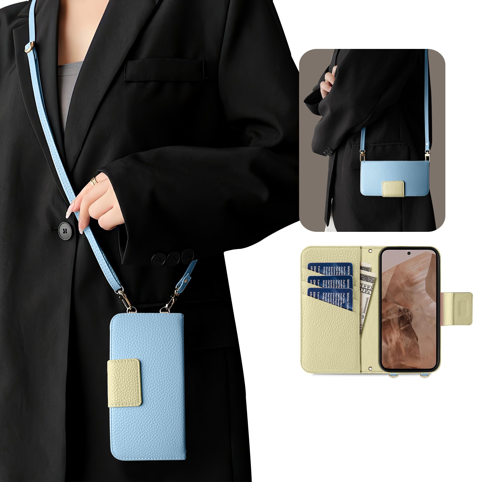 Kahper For Google Pixel 10a ケース 手帳型 ショルダー バイカラー スマホケース Pixel 10a おしゃれ かわいい 女性 レトロ グーグル ピクセル 10a カバー カード収納 シンプル 上品 携帯ケース ピクセル 10a マグネット式 スタンド機能 肌感レザー ストラップ 人気 エレガント レディース 手作(ブルー メ アプリコット)