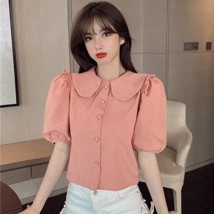 スリーブショートシャツ レディースサマースタイルカラースリムブラウス 夏物 ハンチェンe45143471255