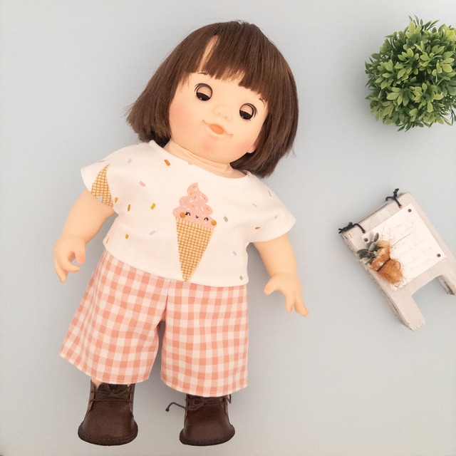 【２点セット】トレーナーズボンセット服（アイスTピンクチェックズボン）ぽぽちゃん
