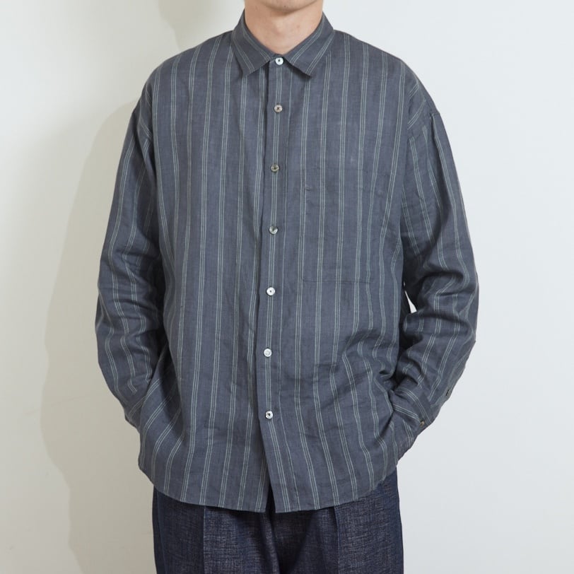 LINEN STRIPE BIG SH / リネンストライプBIGシャツ(NAVY) | KICS