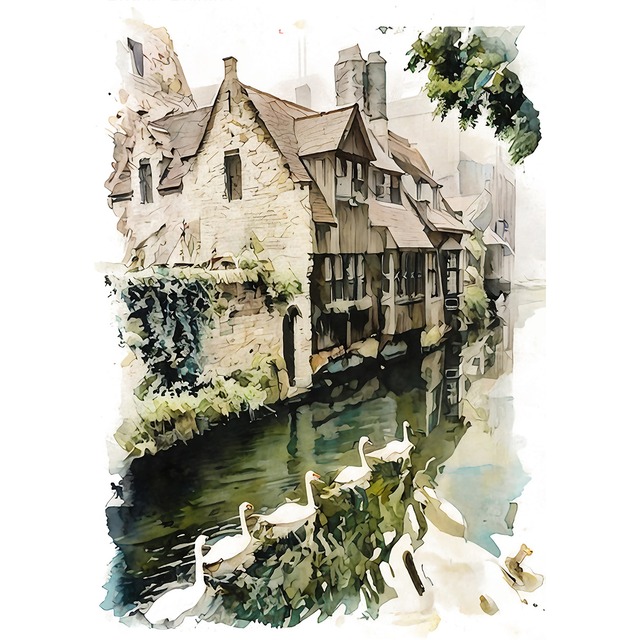 絵画 ベルギー風景画(街並み) ブルージュ 白鳥のいる風景 インテリアアート額付き 水彩画・油絵調 WAT0215