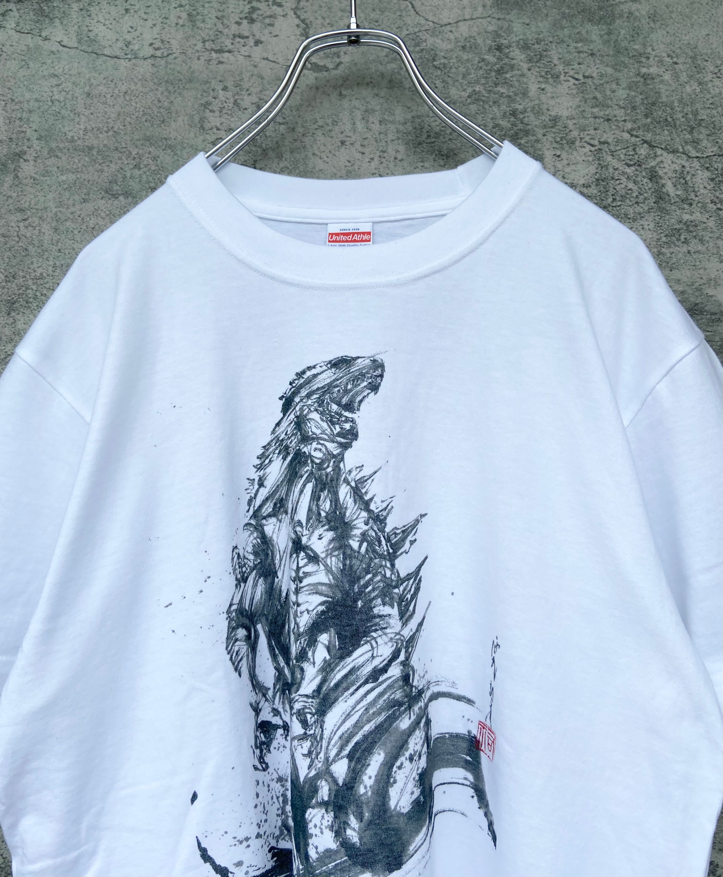 GODZILLA ゴジラ 水墨画 白 Tシャツ L TOHO   古着 らくふる