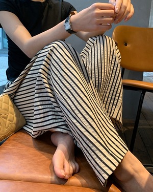 ストライプ柄ウエストゴムワイドロングパンツ A1079