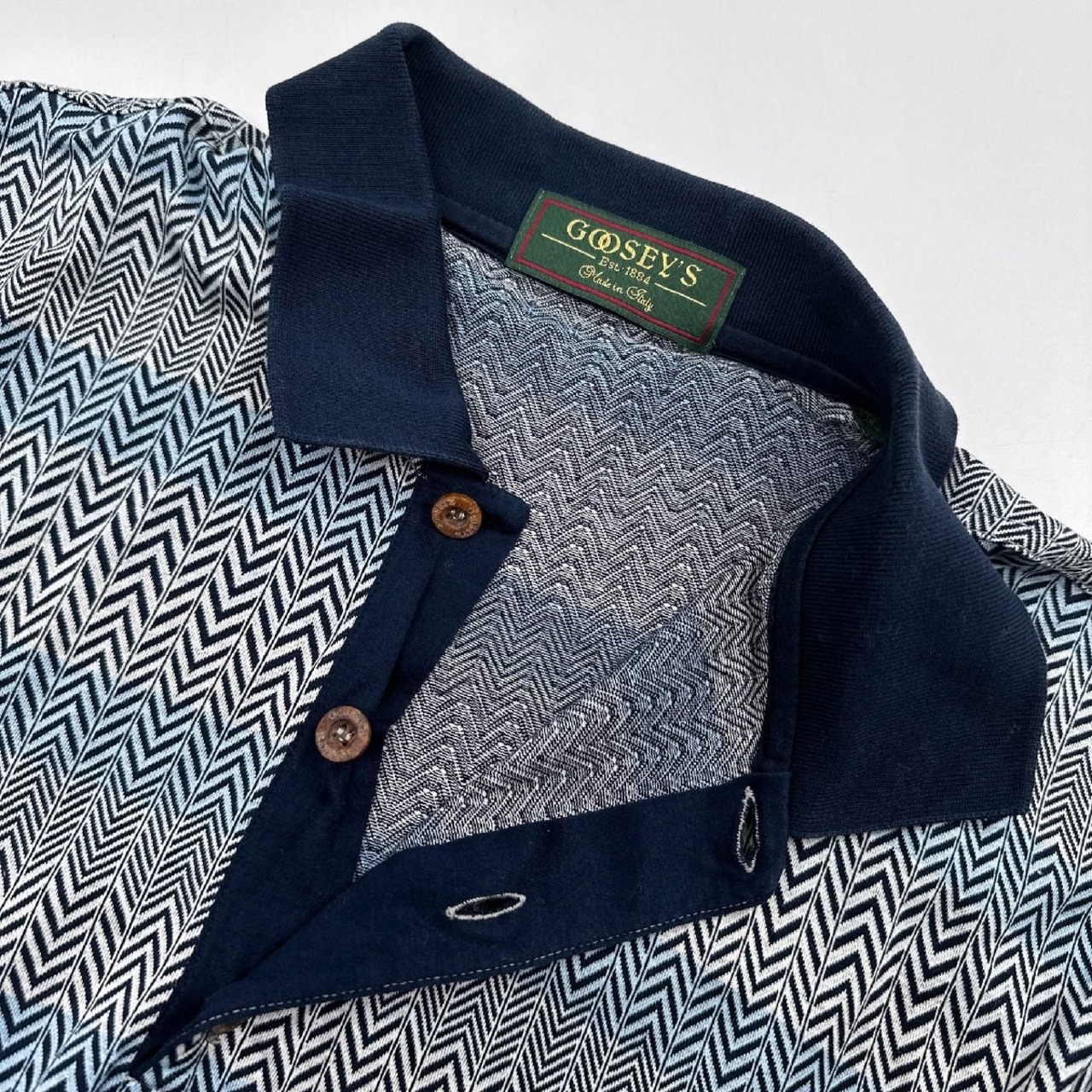 イタリア製◆GOOSEY'S ヘリンボーン ボーダー柄 コットン 半袖 ポロシャツ Mサイズ /伊製/MADE IN ITALY/天竺/ジャガード/メンズ