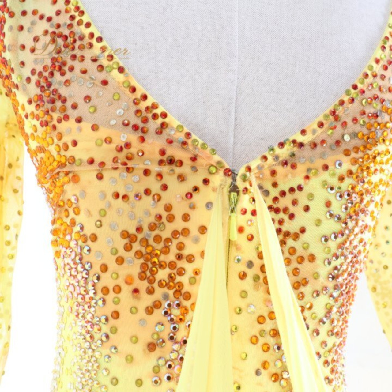 社交ダンス 衣装 クリスアン chrisanne ロビンフッド ROBINHOOD スタンダードドレス ワンピース ドレス イエロー系 オレンジ系 黄色 オレンジ フロート レース デモ 競技 ダンス パーティ 発表会 競技用ドレス デモ用衣装 キラキラ ビジュー