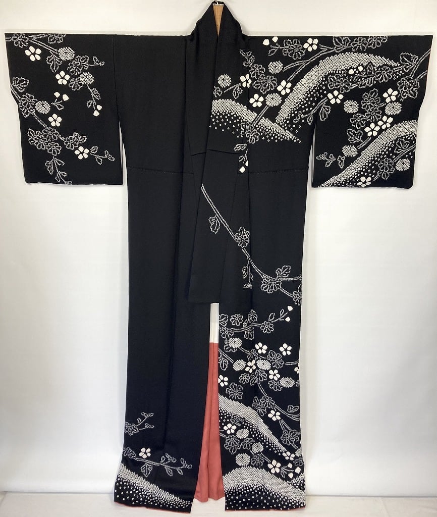 手絞り 鈴乃屋謹製 訪問着 京鹿の子絞り 正絹 黒 白 1146 | kimono Re