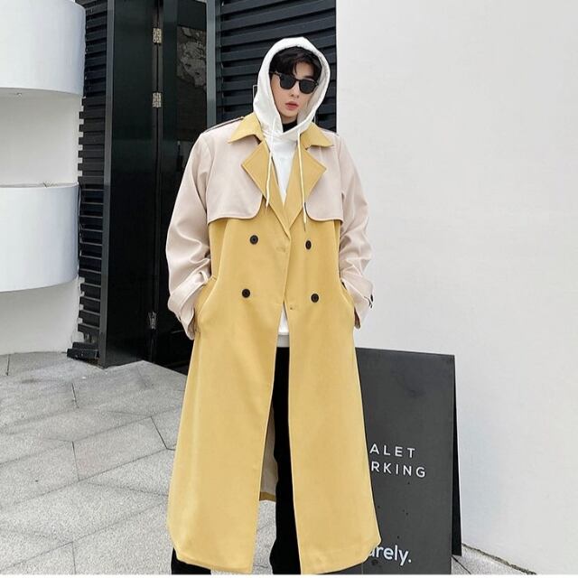 予約販売】トレンチコート バイカラー 切り替え ロング丈 メンズ