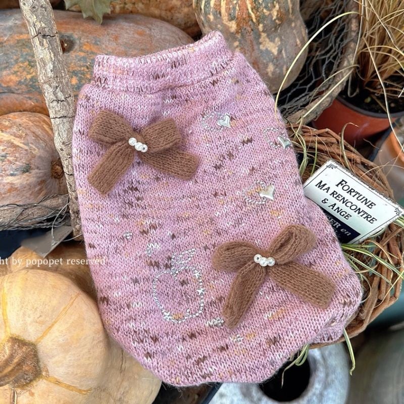 ボンボンリボン付スモーキーピンクのセーター 犬服 01004