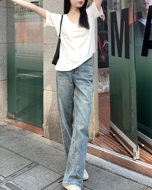 Vネックベーシック半袖 Tシャツ 2color A1006