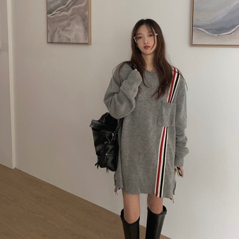 セーター ルーズグレーニットスプリングオータムプルオーバー トップス 春物 秋物 ブラックストロベリース31129879840