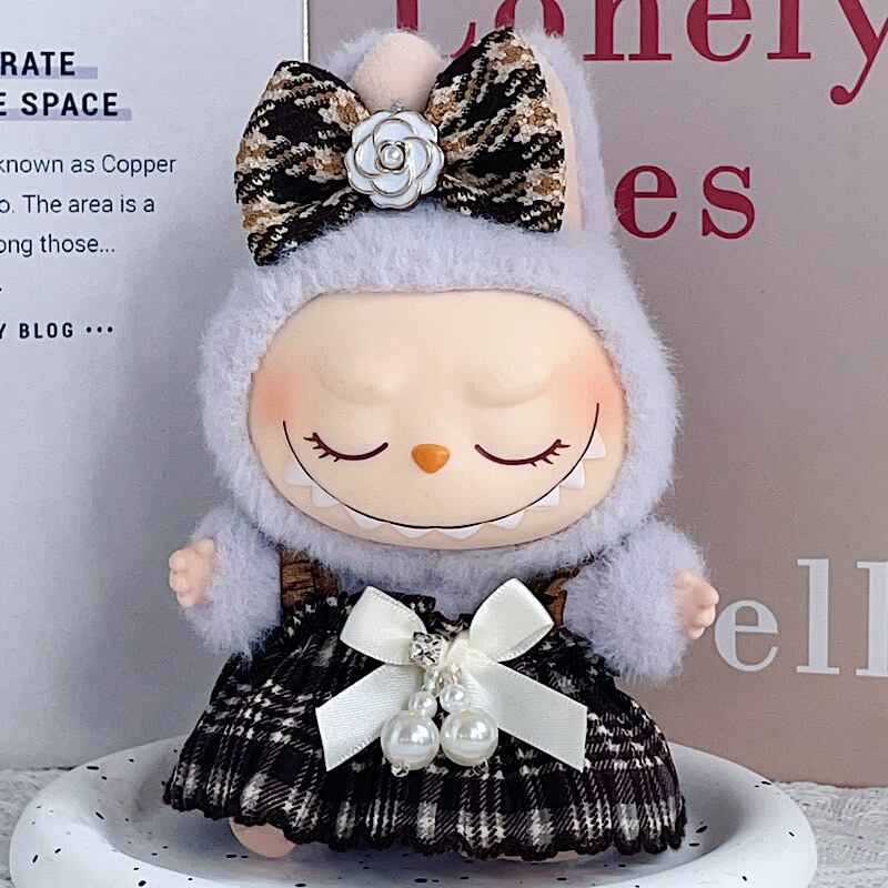 Labubu 1-3世代対応 レトロ チェック柄ワンピース+ヘアアクセサリー+