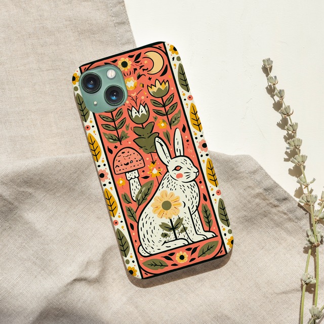 受注生産 iPhoneケース 白いうさぎと花の民芸柄｜うさぎモチーフ PSYF025C