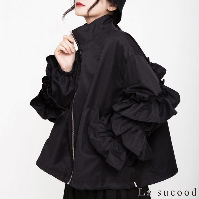 美品 ダーマコレクション ボリュームスリーブブルゾン 黒 フリル 撥水 大きい ボリュームスリーブツイルブルゾン [K1237] - レディースファッション
