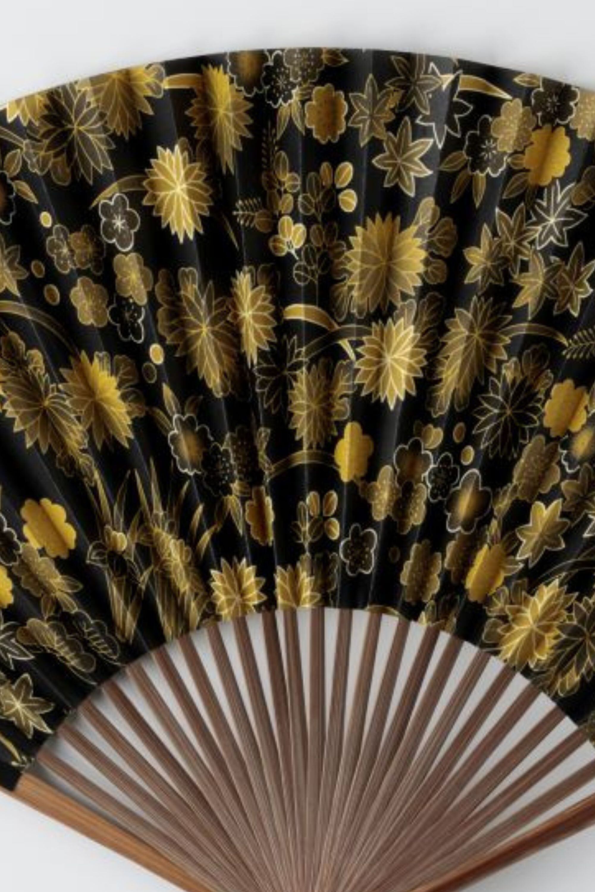 紙扇子】菊に露芝文/Chrysanthemum with Dew Grass Design 漆黒と黄金