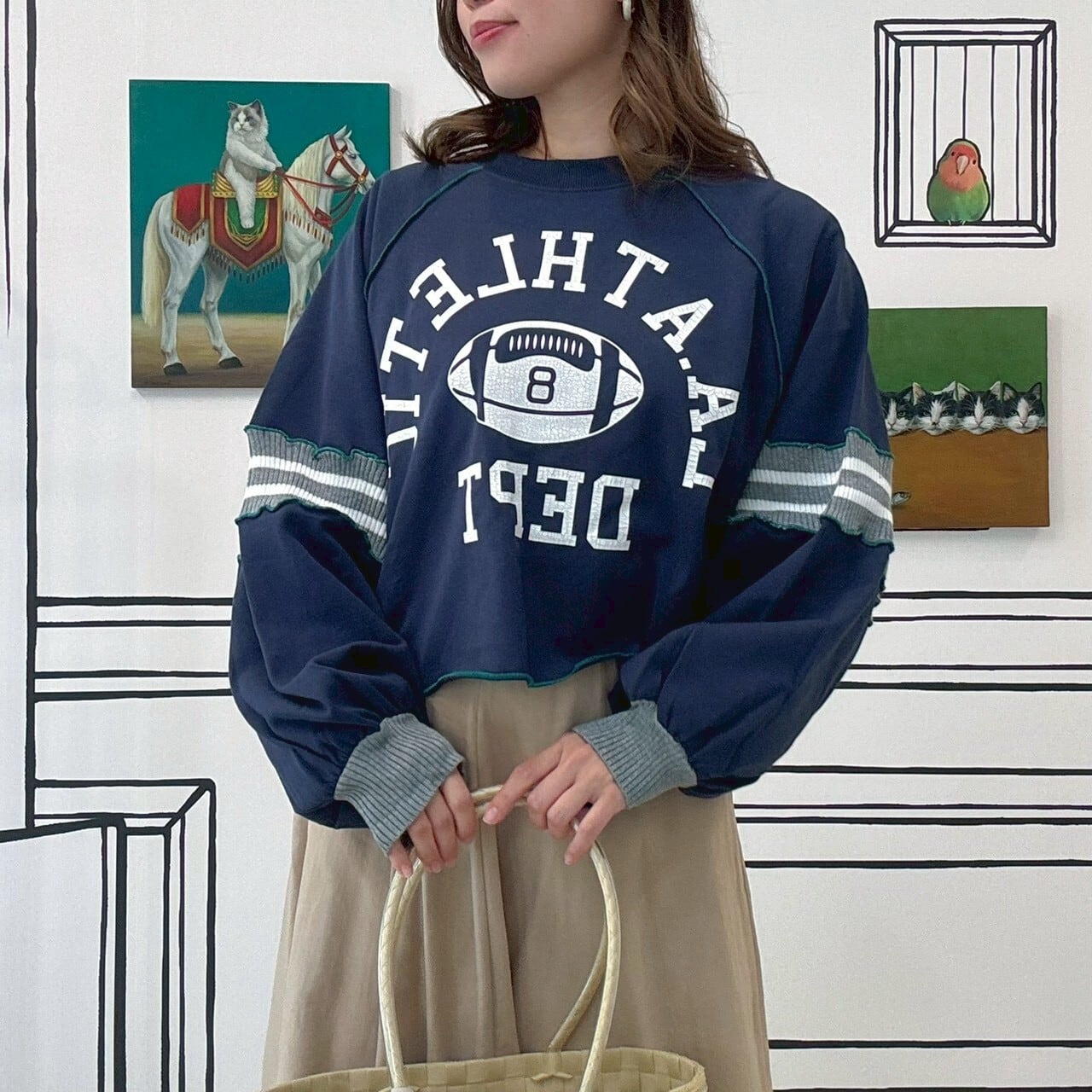 リブ切替カレッジロゴショート丈スウェット