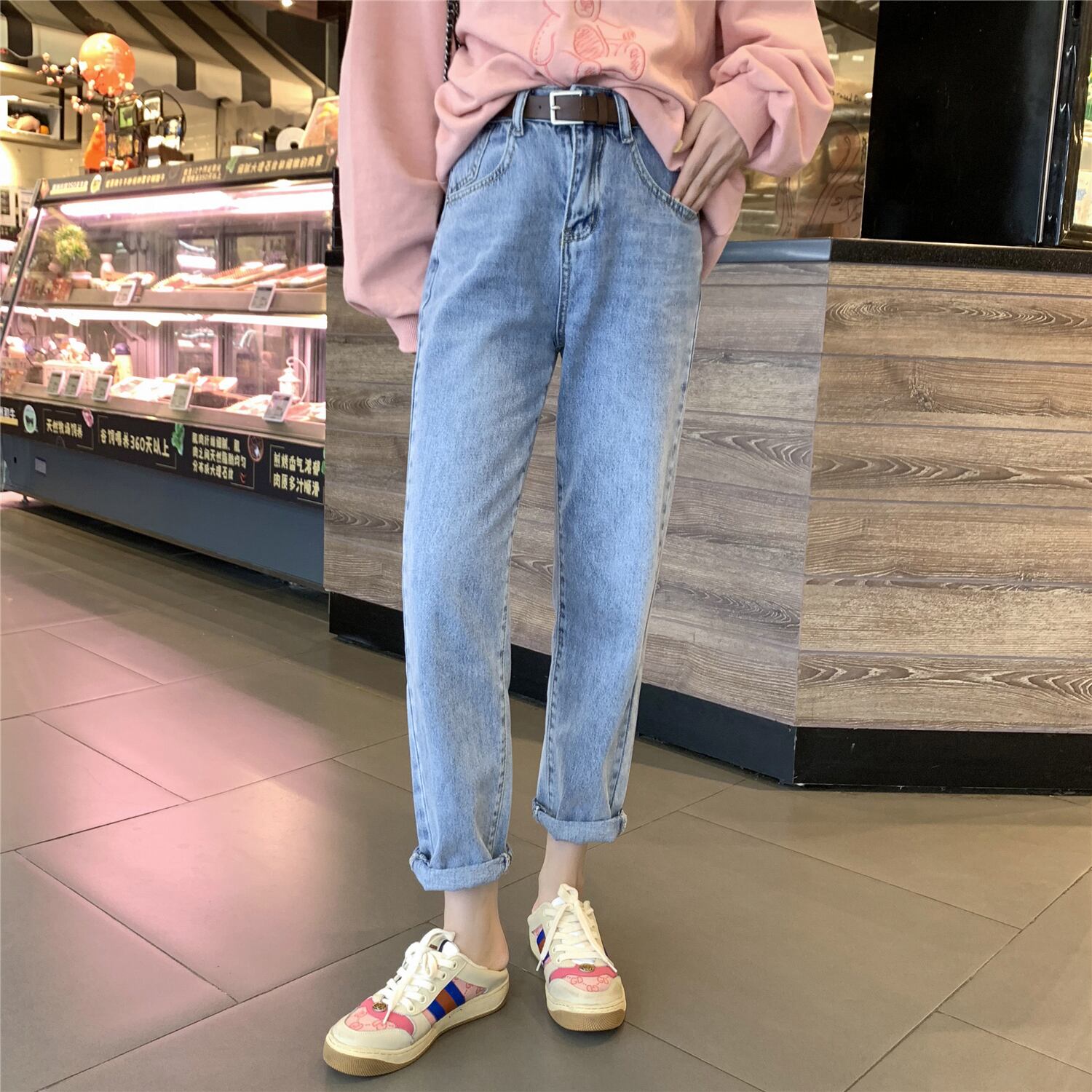 スプリングスタイルハイウェストウェストジーンズ レディースルーズカジュアルパンツ 春物 6Du_Shop_Women20131334382