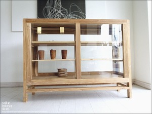 「 F様　御予約商品」チーク無垢材 引き戸食器棚 Cief/N ショーケース 飾り棚 カウンター 陳列棚 店舗什器 ナチュラル キッチン収納 手作り 銘木家具