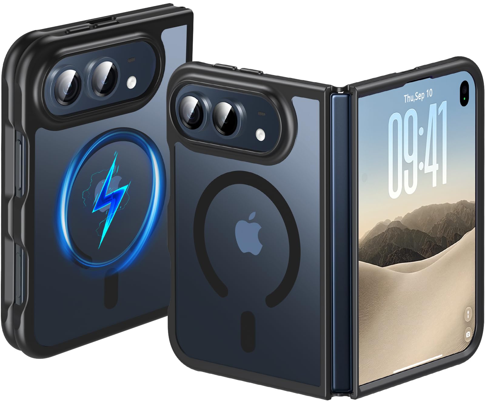 OWKEY iPhone Duo ケース MagSafe対応 折りたたみやすい 半透明 黄ばみなし 耐衝撃 iPhone Duo 用カバー ブラック