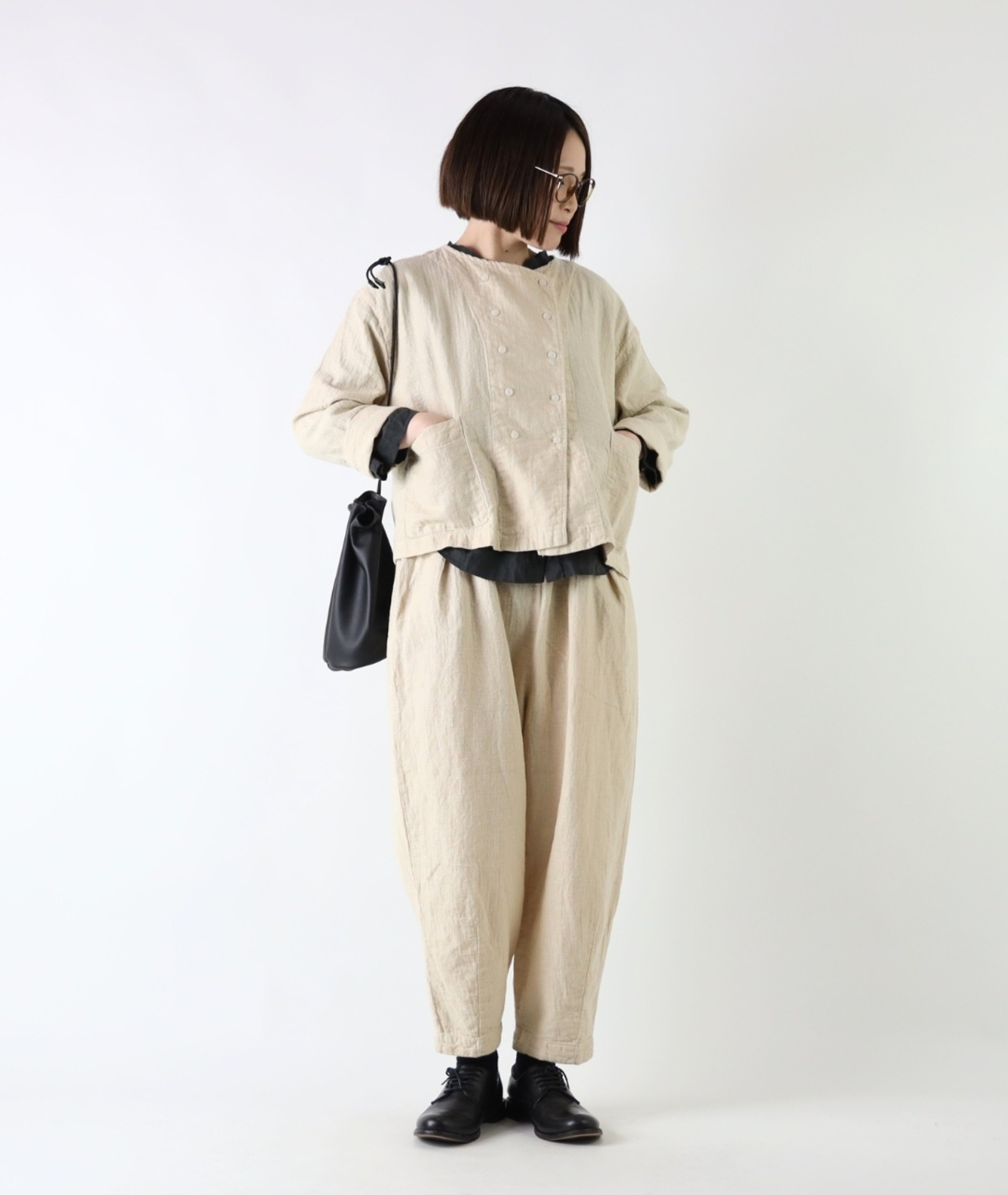 SO/リネンコットン ダブルブレストノーカラージャケット