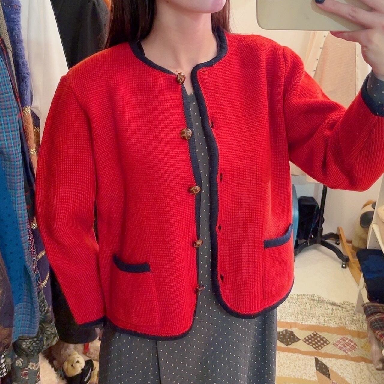 red × navy piping knit cardigan