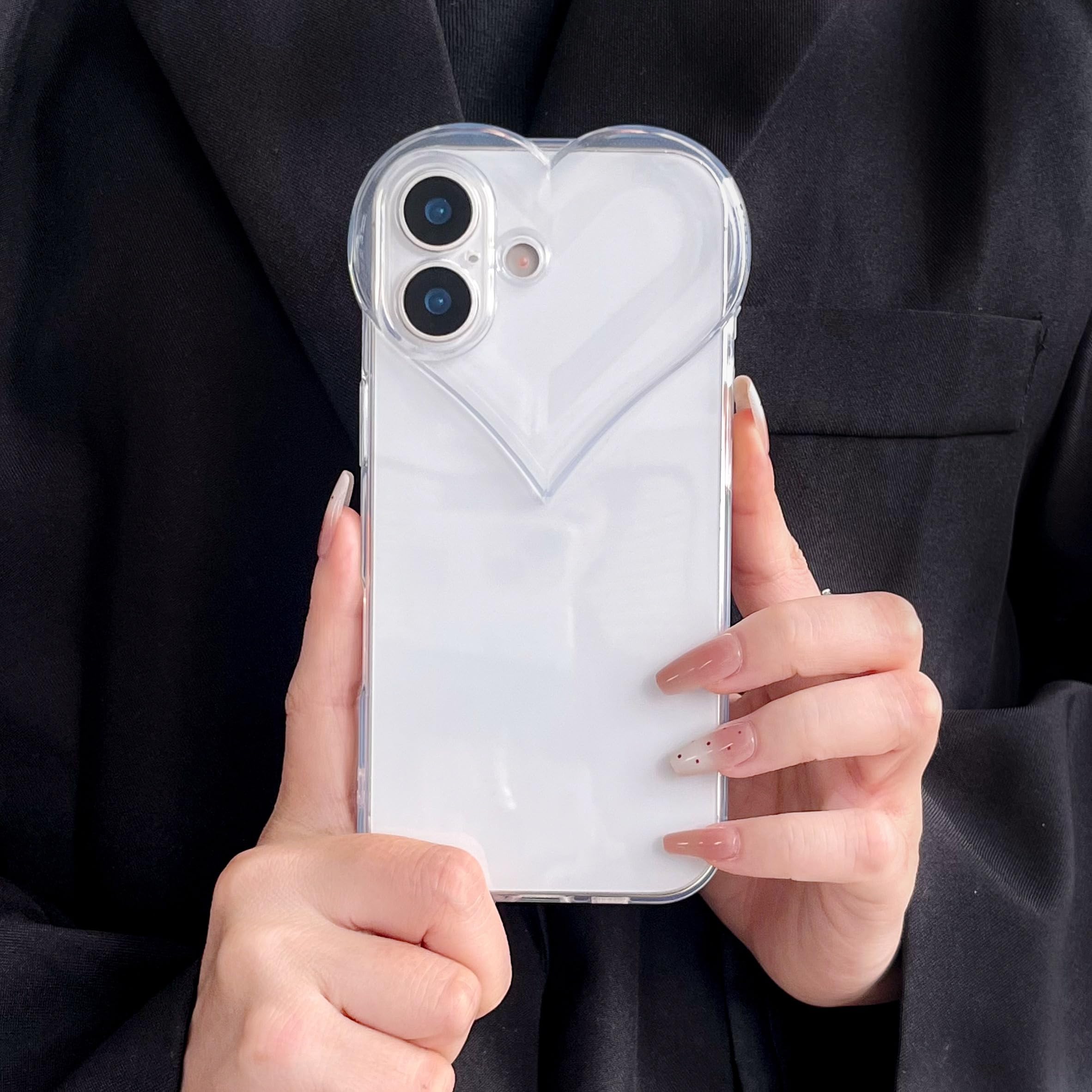 Heiro iPhone 16 用 ケース 透明 ハート かわいい 韓国 おしゃれ 耐衝撃 薄型 黄ばみにくい 指紋防止 スレ傷防止 携帯電話ケース
