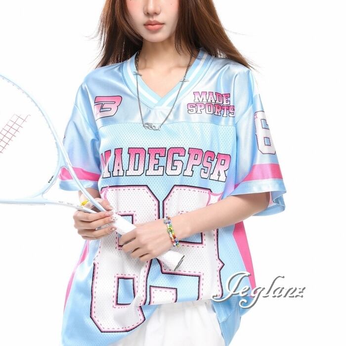 Vネック ナンバー ロゴ Tシャツ メッシュ ユニセックス ♪(MC930)β