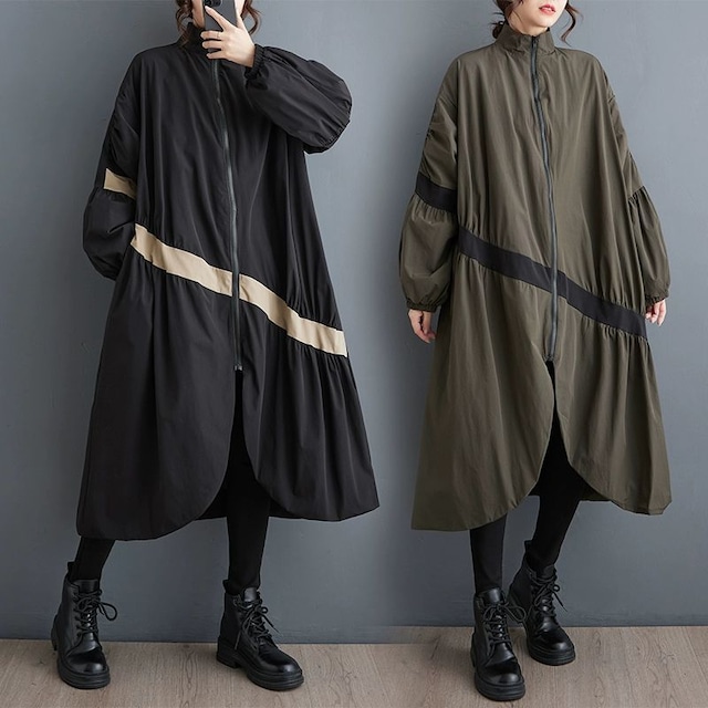 LINE STITCH LONG SLEEVES A-LINE MIDI FULLZIP WINDBREAKER JACKET 2colors M-10294