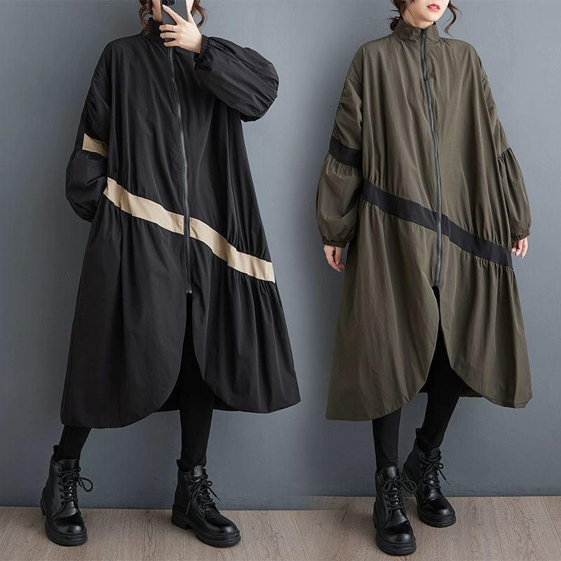 LINE STITCH LONG SLEEVES A-LINE MIDI FULLZIP WINDBREAKER JACKET 2colors M-10294