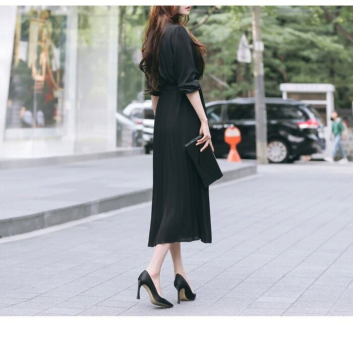 ハイネック プリーツ ロング ワンピース シャツワンピース フレア