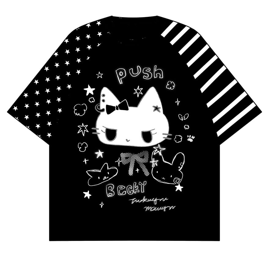 ぴえん系 黒猫ラグランTシャツ ゆる病み映え
