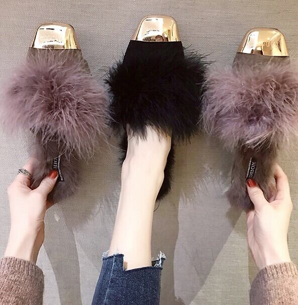 全2色 ファー付きミュール ファーサンダル 秋 冬 ブラック