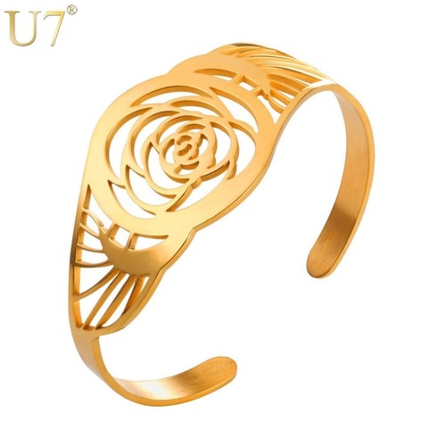 レディース ブレスレット バングル ステンレス カラー 大きい 空洞 ローズ フラワー カフ ビンテージ 腕輪 80001665