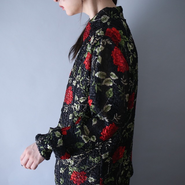 "皺" beads decoration design flower art pattern see-through shirt