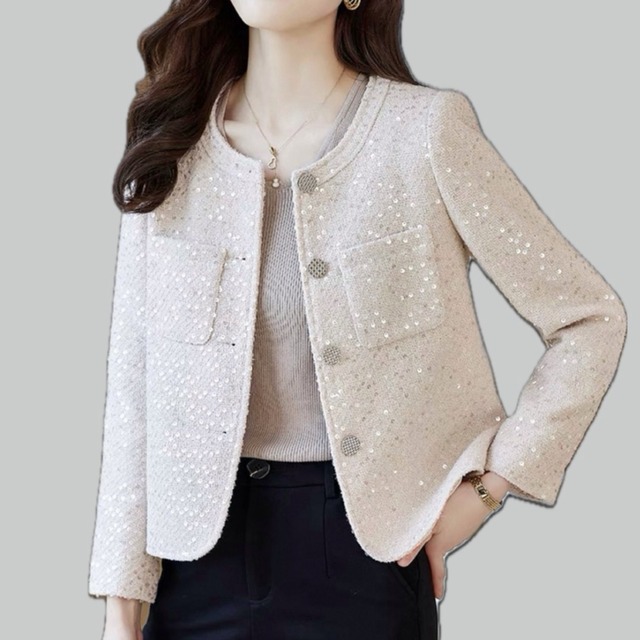 Silver button tweed collarless jacket with sequins　00096