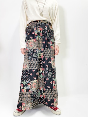 70's Vintage Floral Pattern Long Flare Skirt