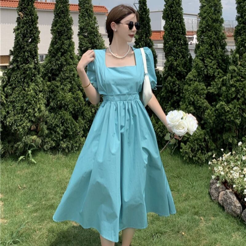 スタイルスタンダードスリーブドレス サマーウェストブラックロングスカート レトロ エレガント 夏物 スクウェア YY-ファッション10042089226